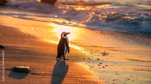 Illustration of Penguin basking in the sunlight beside a sparkling water stream, tranquil, serene, photorealistic, vibrant nature. Ai Generate.