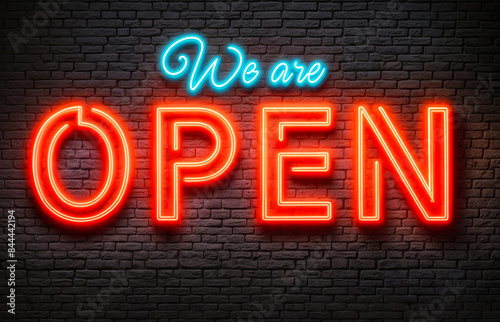 3d render illustration of vibrant neonlight neon sign lights that word text We are open in a modern font, set against a brick wall