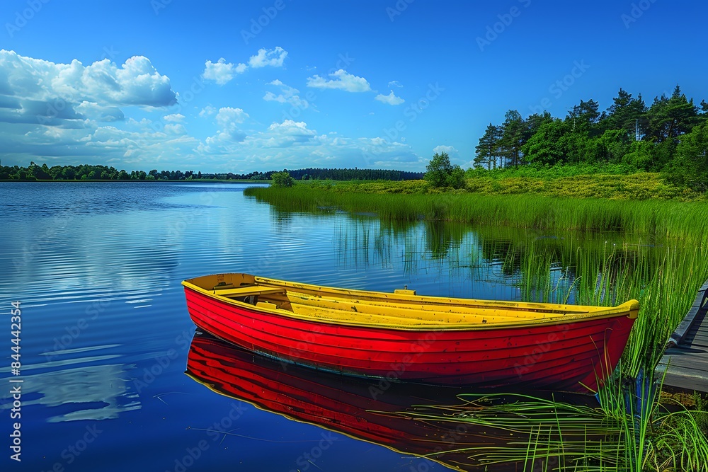 Summer Vacation by the Lake - Scenic View of Red Rowboat on Calm Waters for Travel Posters and Designs Summer Vacation by the Lake - Scenic View of Red Rowboat on Calm Waters for Travel Posters and Designs