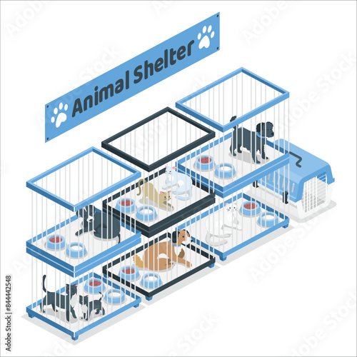 Animal shelter, pet shop flat vector illustration. Adoption center for stray and homeless pets. Cute cats, lonely dogs, guinea pigs, small hamster, bunnies and parrot in cages. Veterinary clinic. 2191