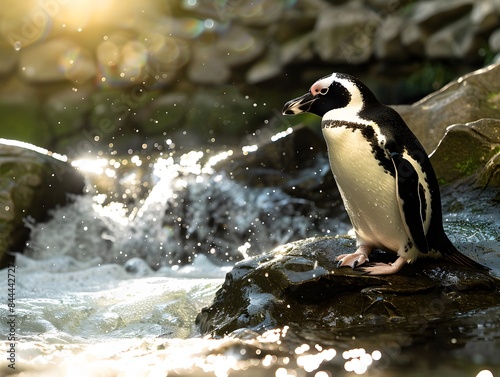 Illustration of Penguin basking in the sunlight beside a sparkling water stream, tranquil, serene, photorealistic, vibrant nature. Ai Generate.