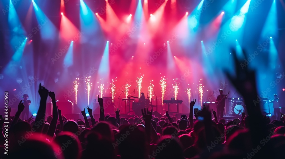 Fireworks and Concert: A live outdoor concert with a fireworks display as the backdrop. Crowd cheering, hands raised, at live show. Concert, show, stage, club, event. Fireworks and Concert: A live outdoor concert with a fireworks display as the backdrop. Crowd cheering, hands raised, at live show. Concert, show, stage, club, event.