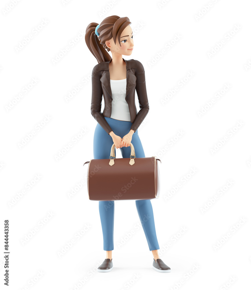 3d cartoon woman with luggage bag and waiting 3d cartoon woman with luggage bag and waiting