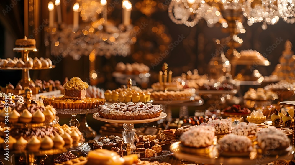 A Lavish Dessert Table Displayed in a Golden Setting A Lavish Dessert Table Displayed in a Golden Setting