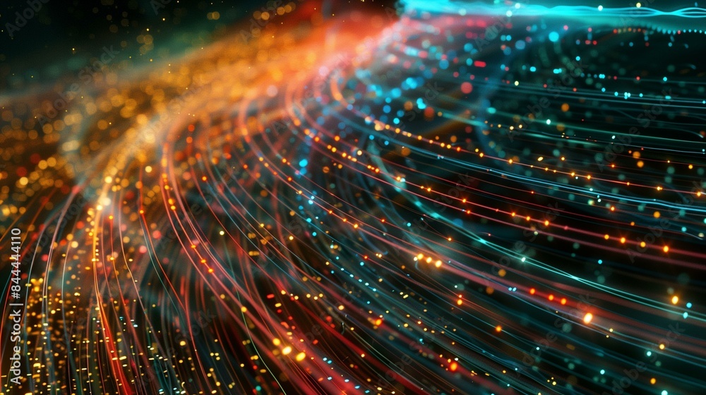 Glowing particles form dynamic network flow data information digital system, bandwidth communication technology privacy