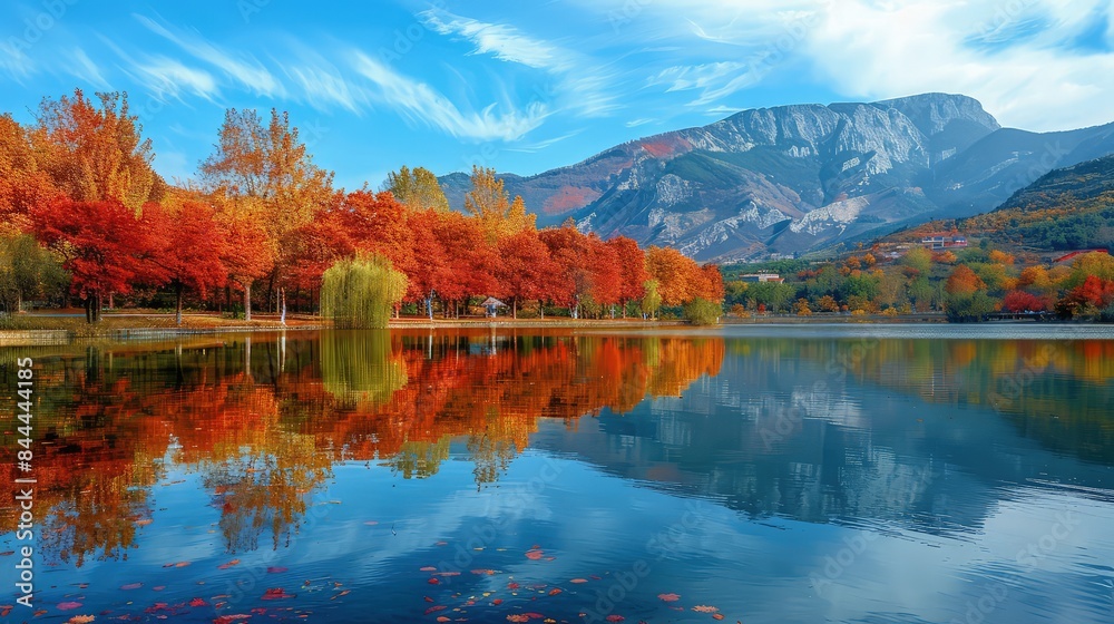  A panoramic view of an autumn landscape with a shimmering lake at its center. The trees are ablaze with autumn colors