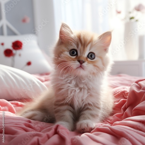 cheerful cute kitten sitting on a bed in modern bedrom, romantic banner background photo