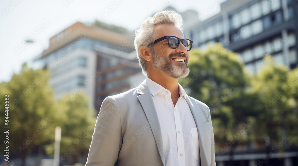 Confident happy smiling businessman standing in the city, man entrepreneur in business suit, glasses Confident happy smiling businessman standing in the city, man entrepreneur in business suit, glasses