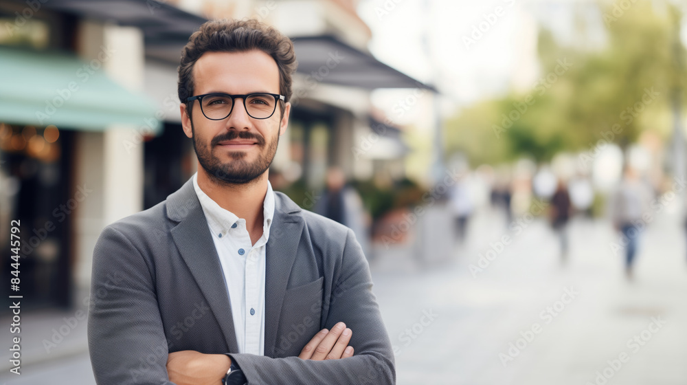 Portrait of confident businessman standing in the city, successful man entrepreneur in business suit Portrait of confident businessman standing in the city, successful man entrepreneur in business suit