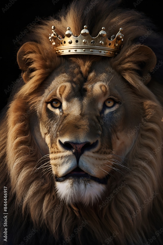 lion wearing a golden crown, face close-up, animal king majestic view. lion wearing a golden crown, face close-up, animal king majestic view.