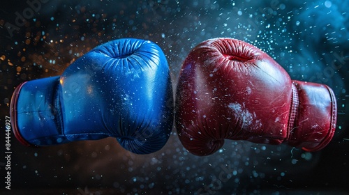 Dynamic Close-Up of Red and Blue Boxing Gloves Colliding with Water Droplets and Dramatic Lighting photo