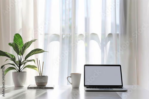 A minimalistic home office setup showcasing a laptop, coffee cup, and a potted plant on the table. The scene features a pristine white background, with window light gently illumina photo