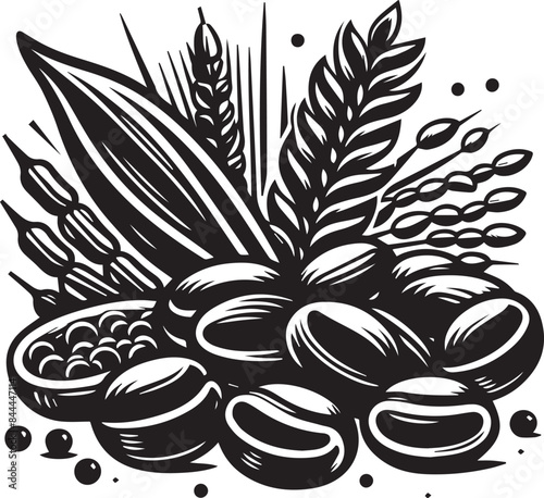 Beans Vector Illustration Silhouette. various food beans: lentils, chickpeas, green peas, coffee beans