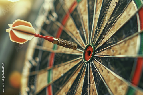  A detailed closeup of darts striking the bullseye on a dartboard. The sharp focus on the dart tips emphasizes their precision, contrasting beautifully with the intricate and weat