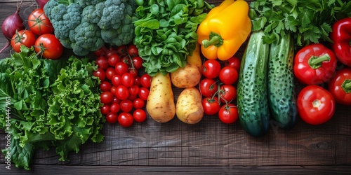 a variety of vegetables on a wooden table, seen from above. in the style of vibrant and lively hues, the vegetables are on the right side of the table.