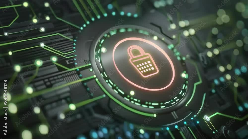glowing green neon shield lock symbol on circout board in digital vr space as a concept of cybersecurity background animation design - 4k new beautiful colorful stock video footage AI 