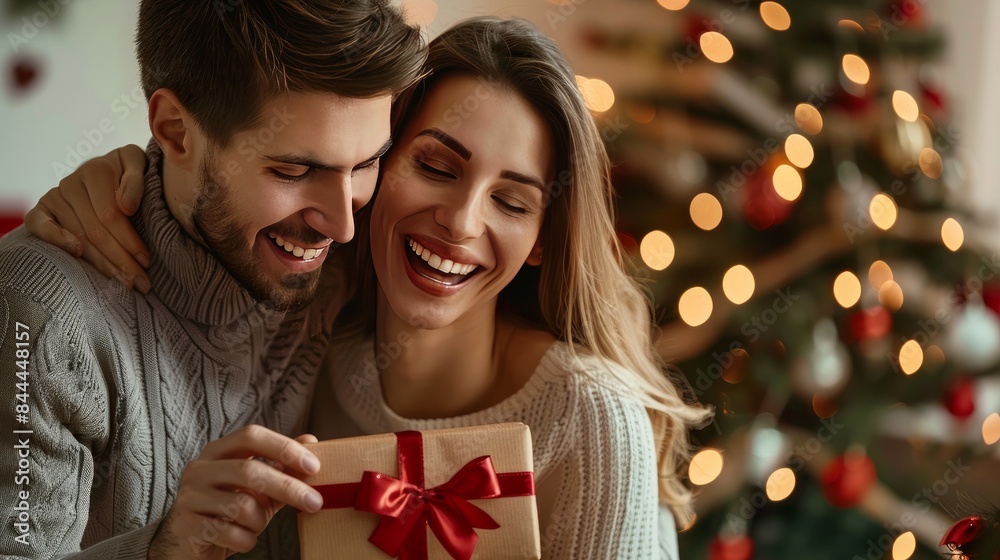 A cheerful couple, deeply in love, unwraps a gift on Valentine's Day. A cheerful couple, deeply in love, unwraps a gift on Valentine's Day.