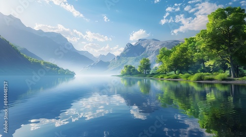 A peaceful lake, surrounded by lush trees and mountains, paints a picturesque scene. The serene water mirrors the blue sky, creating a tranquil haven.