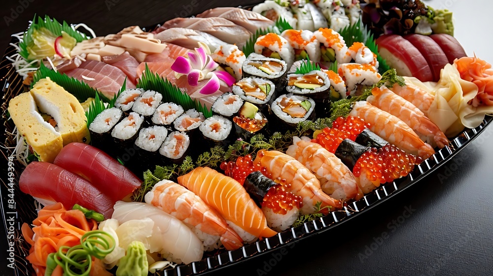 exquisite sushi platter featuring a variety of fresh seafood, including crab legs, shrimp, and scallops, arranged on a white plate with a side of steamed broccoli exquisite sushi platter featuring a variety of fresh seafood, including crab legs, shrimp, and scallops, arranged on a white plate with a side of steamed broccoli