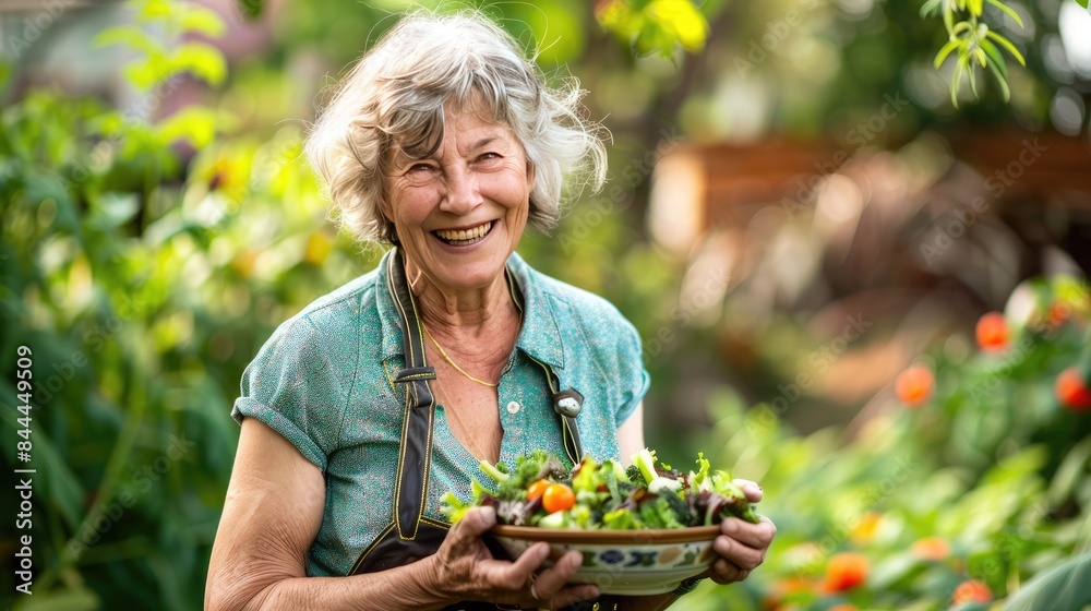 happy elderly woman in the garden holding fresh vegetables. Selective focus happy elderly woman in the garden holding fresh vegetables. Selective focus