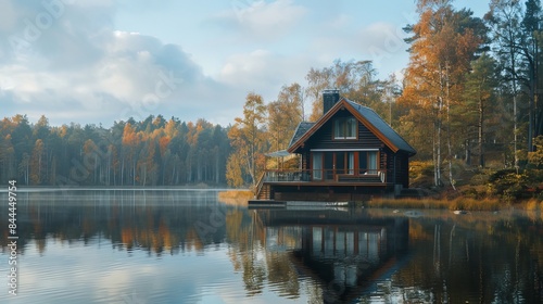 A stylish cabin house sits by a lake, surrounded by picturesque views.