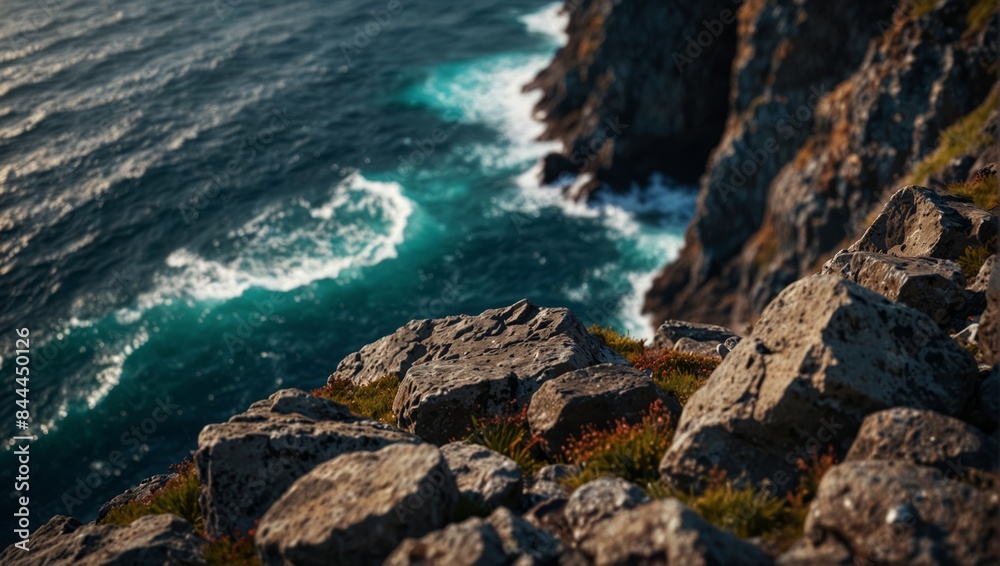 Bird s eye perspective of a chasm precipice and boulders overlooking a crystalline ocean below. Bird s eye perspective of a chasm precipice and boulders overlooking a crystalline ocean below.