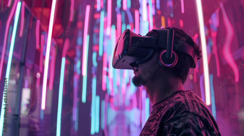 A gamer guy playing with virtual reality goggles headset in futuristic neon light setting cyber punk A gamer guy playing with virtual reality goggles headset in futuristic neon light setting cyber punk