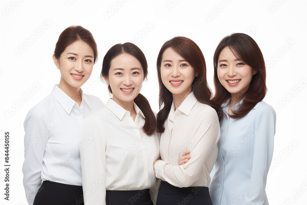 Group of smiling asian businesswomen at work on white background. Women in suits at work. Boss women. Political woman. Image for graphic designer. Business world. Job recruitment. Asia. China. Japan
Group of smiling asian businesswomen at work on white background. Women in suits at work. Boss women. Political woman. Image for graphic designer. Business world. Job recruitment. Asia. China. Japan