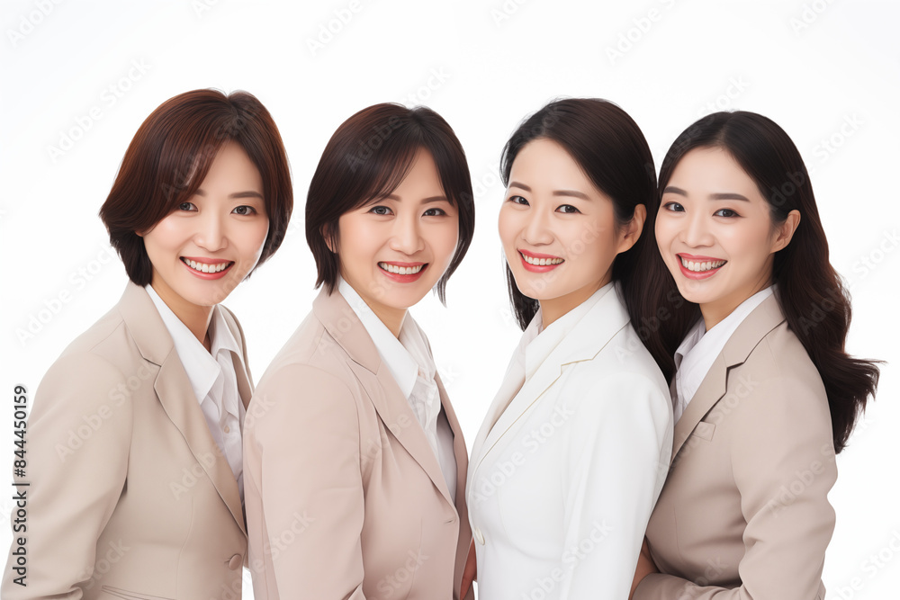 Group of smiling asian businesswomen at work on white background. Women in suits at work. Boss women. Political woman. Image for graphic designer. Business world. Job recruitment. Asia. China. Japan
Group of smiling asian businesswomen at work on white background. Women in suits at work. Boss women. Political woman. Image for graphic designer. Business world. Job recruitment. Asia. China. Japan
