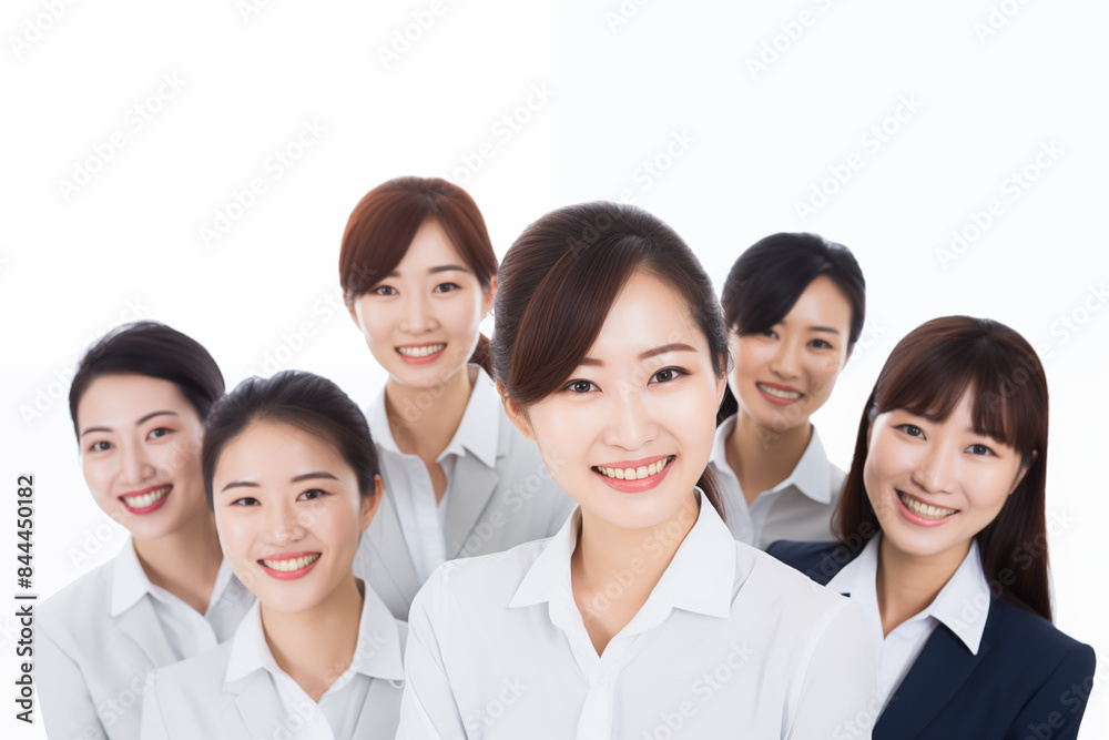 Group of smiling asian businesswomen at work on white background. Women in suits at work. Boss women. Political woman. Image for graphic designer. Business world. Job recruitment. Asia. China. Japan
Group of smiling asian businesswomen at work on white background. Women in suits at work. Boss women. Political woman. Image for graphic designer. Business world. Job recruitment. Asia. China. Japan