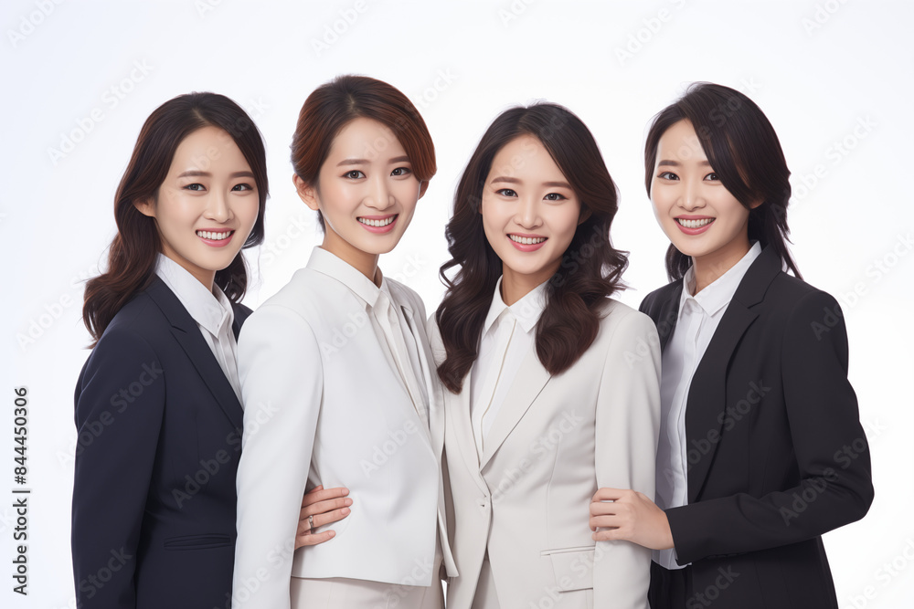 Group of smiling asian businesswomen at work on white background. Women in suits at work. Boss women. Political woman. Image for graphic designer. Business world. Job recruitment. Asia. China. Japan
Group of smiling asian businesswomen at work on white background. Women in suits at work. Boss women. Political woman. Image for graphic designer. Business world. Job recruitment. Asia. China. Japan