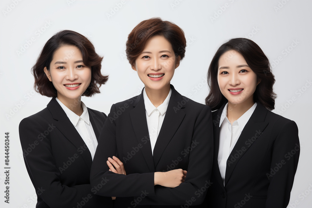 Group of smiling asian businesswomen at work on white background. Women in suits at work. Boss women. Political woman. Image for graphic designer. Business world. Job recruitment. Asia. China. Japan
Group of smiling asian businesswomen at work on white background. Women in suits at work. Boss women. Political woman. Image for graphic designer. Business world. Job recruitment. Asia. China. Japan