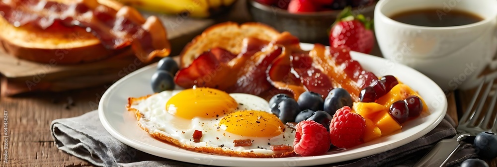 hearty breakfast spread on a wooden table featuring sliced strawberries, a fried egg, and a silver fork, accompanied by a cup of coffee hearty breakfast spread on a wooden table featuring sliced strawberries, a fried egg, and a silver fork, accompanied by a cup of coffee