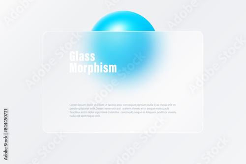 Transparent glass banner or card with a blue volumetric sphere on a light background.