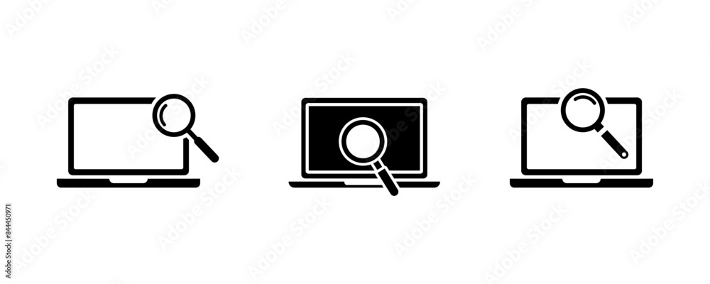 Set of laptop with magnifying glass vector icons. Search, analysis, monitoring. Finding information on laptop. Research or audit on pc. Set of laptop with magnifying glass vector icons. Search, analysis, monitoring. Finding information on laptop. Research or audit on pc.