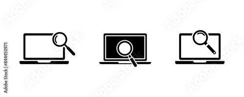Set of laptop with magnifying glass vector icons. Search, analysis, monitoring. Finding information on laptop. Research or audit on pc.