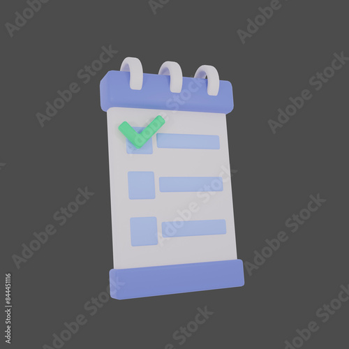 3d purple checklist on clipboard icon with check marks isolated on gray background.