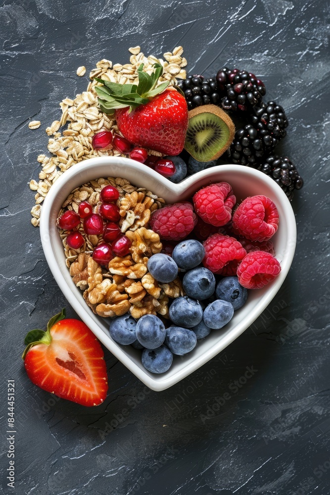 fruits and berries in a heart-shaped bowl. Selective focus fruits and berries in a heart-shaped bowl. Selective focus