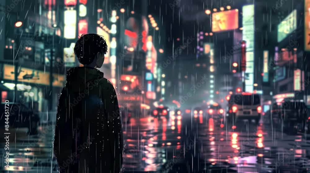 A Man lost in thought as rain falls on a bustling city street. Anime or digital painting style, looping 4k video animation background