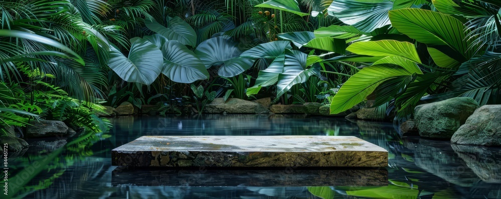 A serene natureinspired scene with a smooth stone platform set in a shallow pool of water surrounded by large green leaves Capture the reflections and the tranquil water surface A serene natureinspired scene with a smooth stone platform set in a shallow pool of water surrounded by large green leaves Capture the reflections and the tranquil water surface