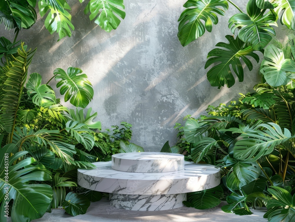 An elegant product showcase on a marble platform surrounded by lush green tropical plants against a light gray background Use natural light to highlight the textures of the marble An elegant product showcase on a marble platform surrounded by lush green tropical plants against a light gray background Use natural light to highlight the textures of the marble