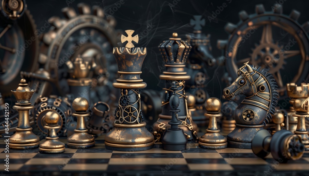 The steampunk themed chess pieces are decorated with gears, pipes and steam engine elements. Each part has a complex mechanical design