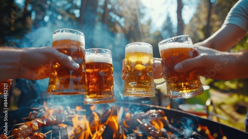 glasses with beer in hands on the background of a barbecue. Selective focus photo