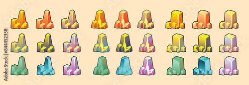 Set of isolated gold mine nuggets and rocks. Piles and heaps of golden gem stones. Solid jewels of natural shapes. Big and small shiny crystals of gemstones. Colored flat vector illustration