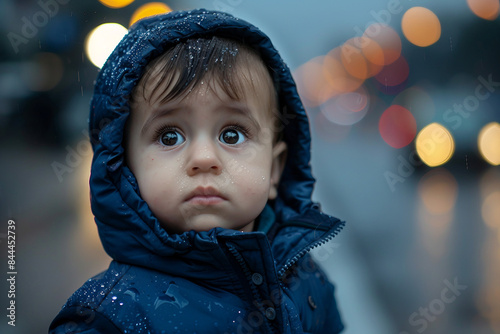 Fototapeta Naklejka Na Ścianę i Meble -  Cute small baby walk in rainy weather city streets generative AI