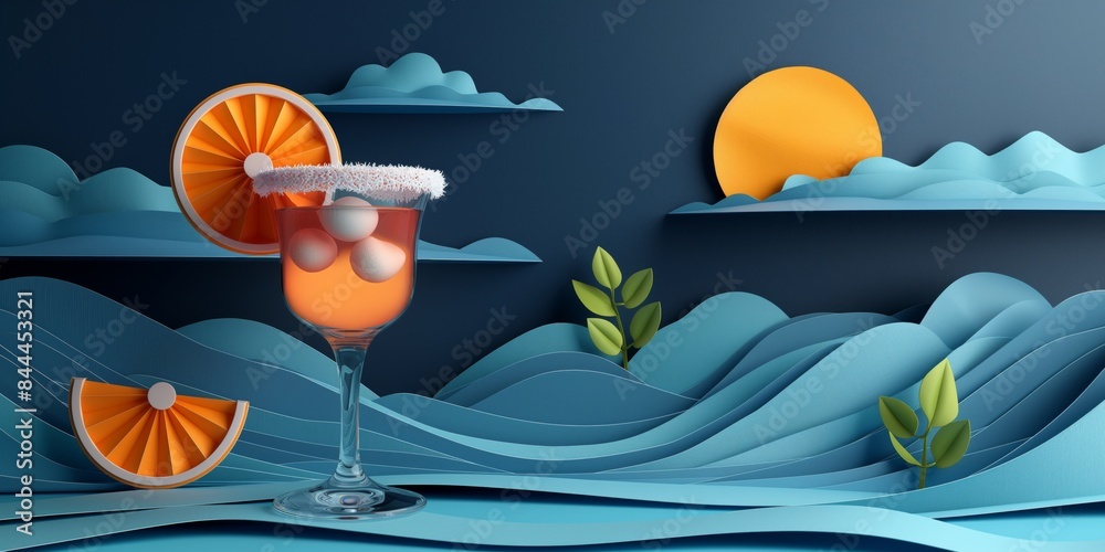 Naklejka premium cocktail with night nature scene, paper art illustration, summer night part, 