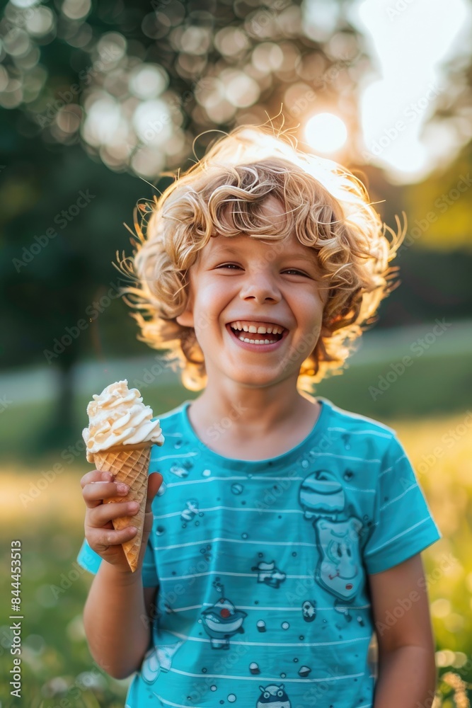 little boy eats ice cream on the background of nature. Selective focus little boy eats ice cream on the background of nature. Selective focus