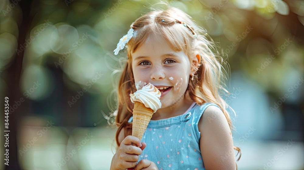 little girl eats ice cream on the background of nature. Selective focus little girl eats ice cream on the background of nature. Selective focus