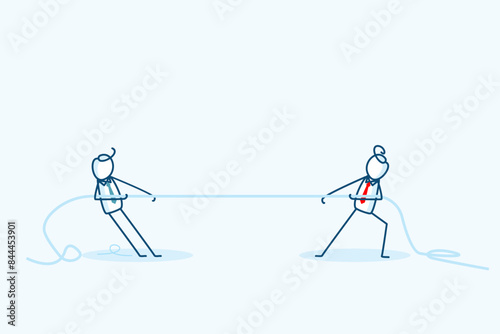 Two stick figure businessman character pull on opposite ends of a rope in tug of war. career competition concept. hand drawn style vector doodle illustration