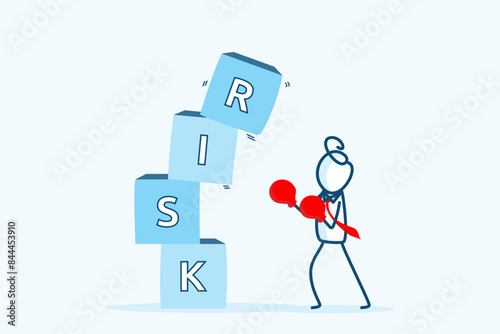 businessman stick figure character wearing boxing gloves standing in front of starting to fall of Risk blocks stack. Investment, stability and uncertainty concept. hand drawn doodle illustration